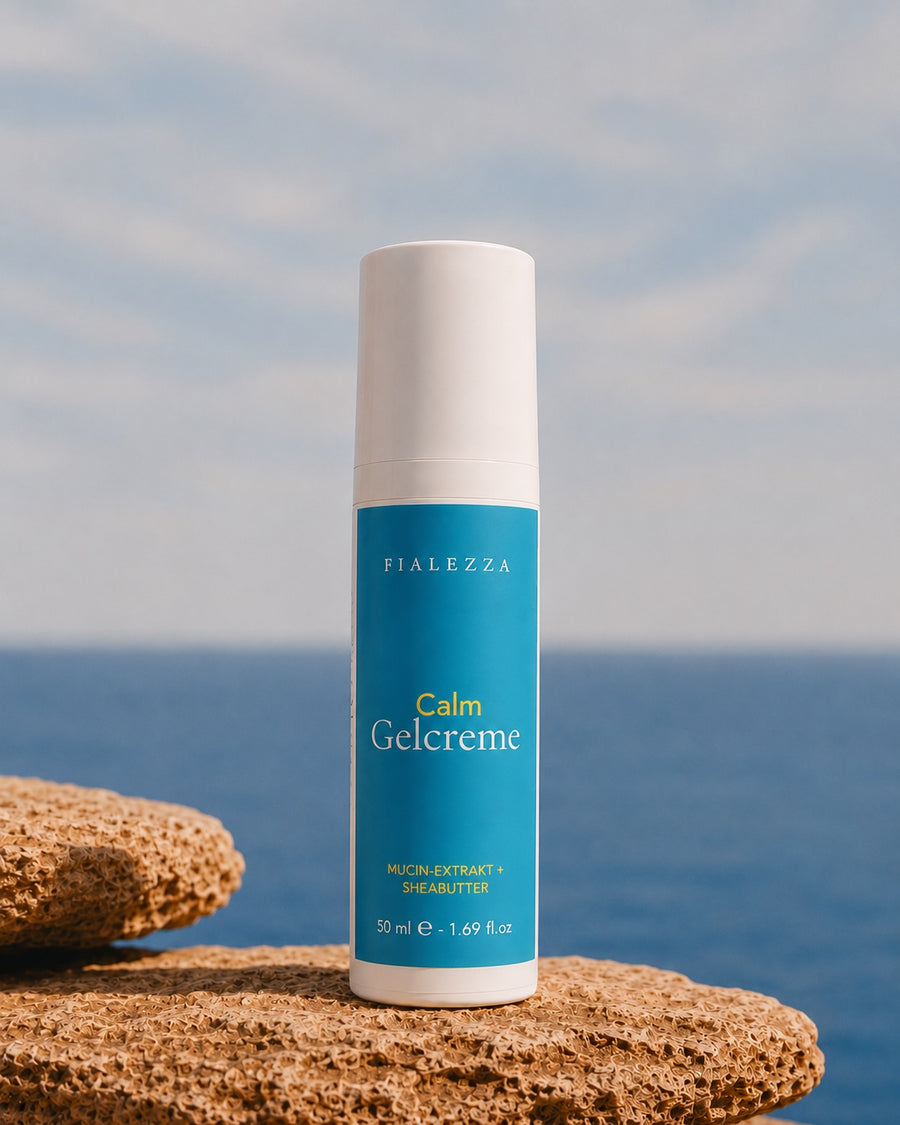 Fialezza Calm Gelcreme mit Mucin-Extrakt und Sheabutter auf mediterranem Fels vor dem Meer
