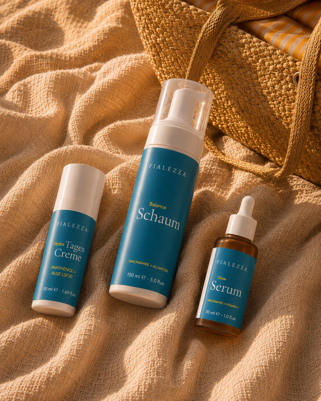 Fialezza Balance Schaum, Hydra Tages Creme und Glow Serum auf warmem Strandtextil