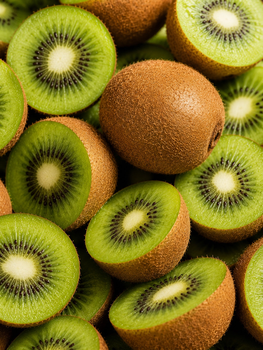 Halbierte und ganze Kiwis dicht nebeneinander, Nahaufnahme des Fruchtfleischs