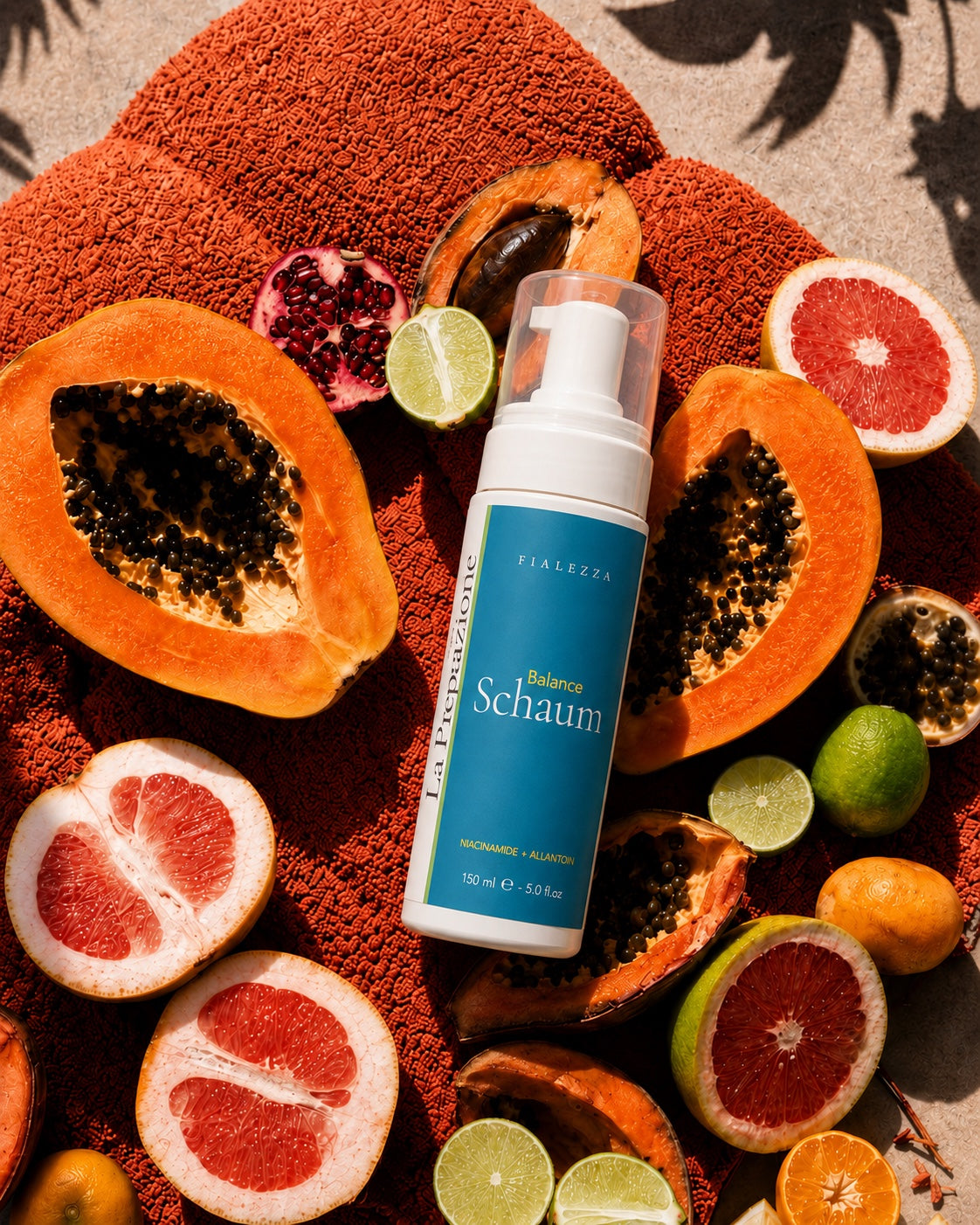 Fialezza Balance Schaum zwischen Papaya, Grapefruit und Limetten auf terracottafarbenem Textil